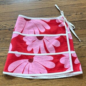 Sabo Skirt Red and Pink Floral Wrap Skirt, cotton linen, 0